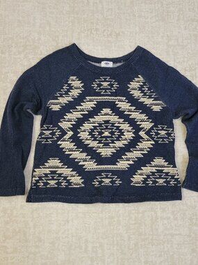 Old Navy Terrycloth Tribal Aztec Knit Sweater Womens Medium Blue Cream Southwest